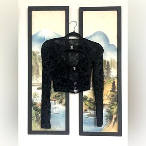 Black Flower Pattern Long Sheer Sleeve Top